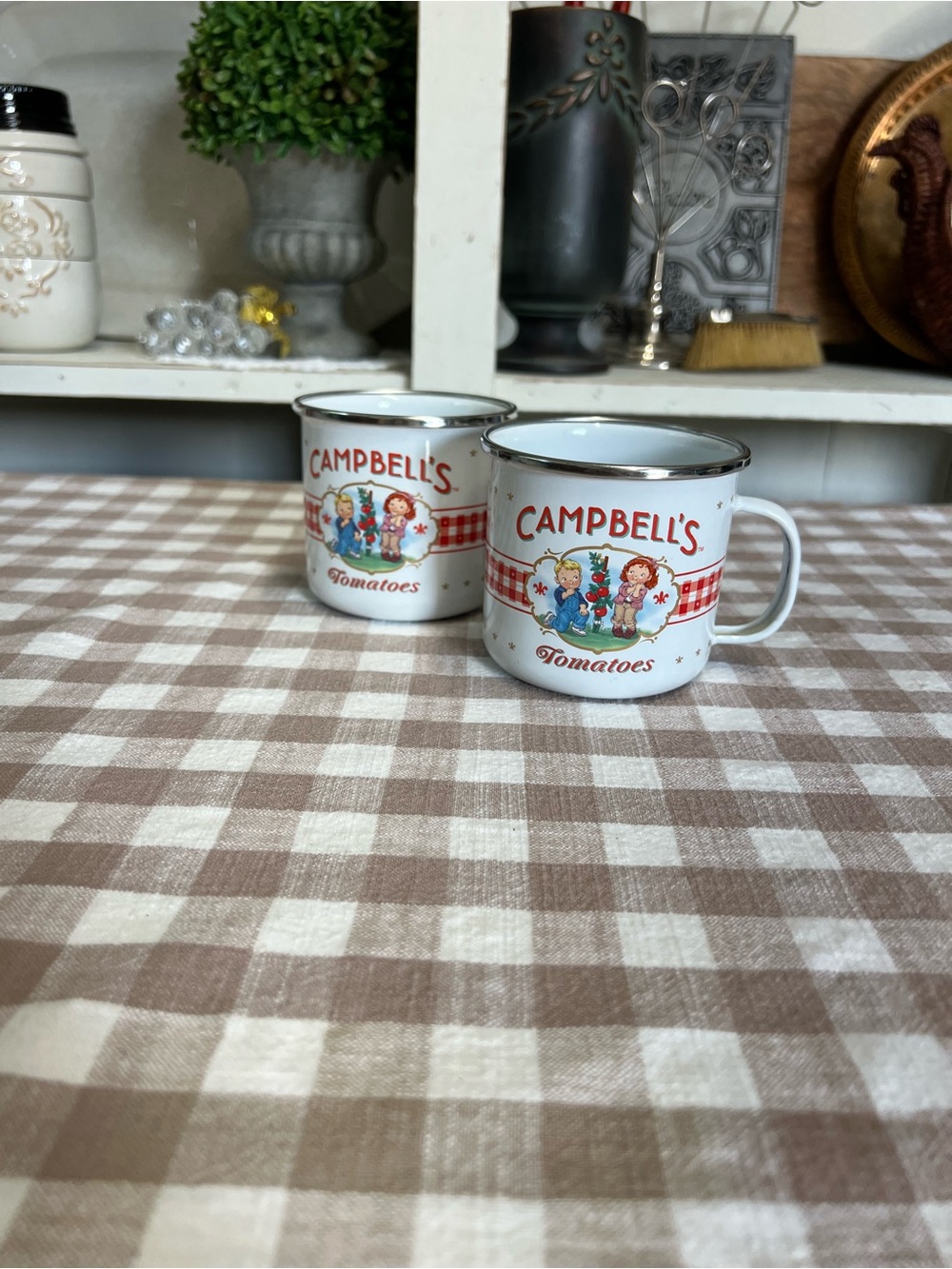 Vintage Campbells soup cups mugs enamel metal tomatoes retro decor